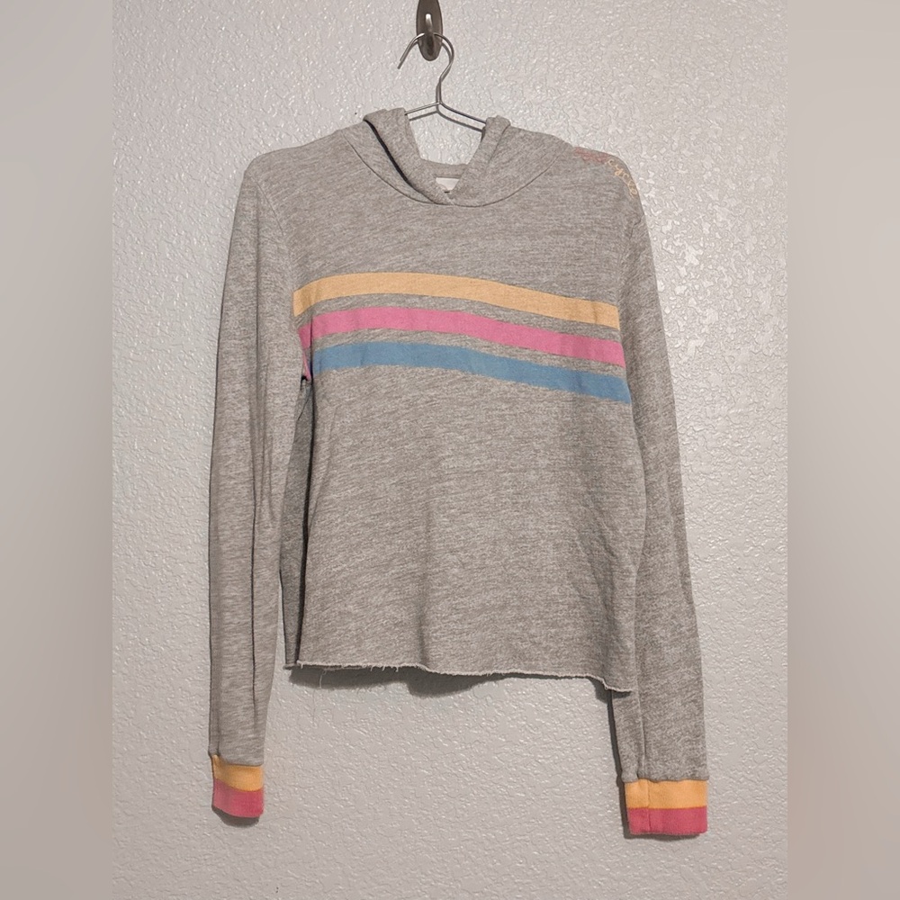 Spiritual Gangster Heather Gray Cropped Hoodie with Yellow Pink Blue Stripes